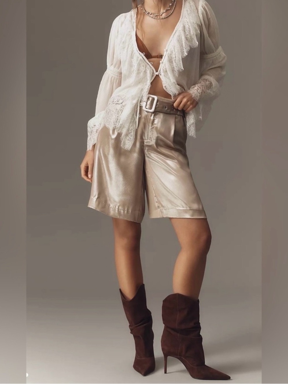 Anthropologie Metallic Champagne High-Rise Bermuda Shorts